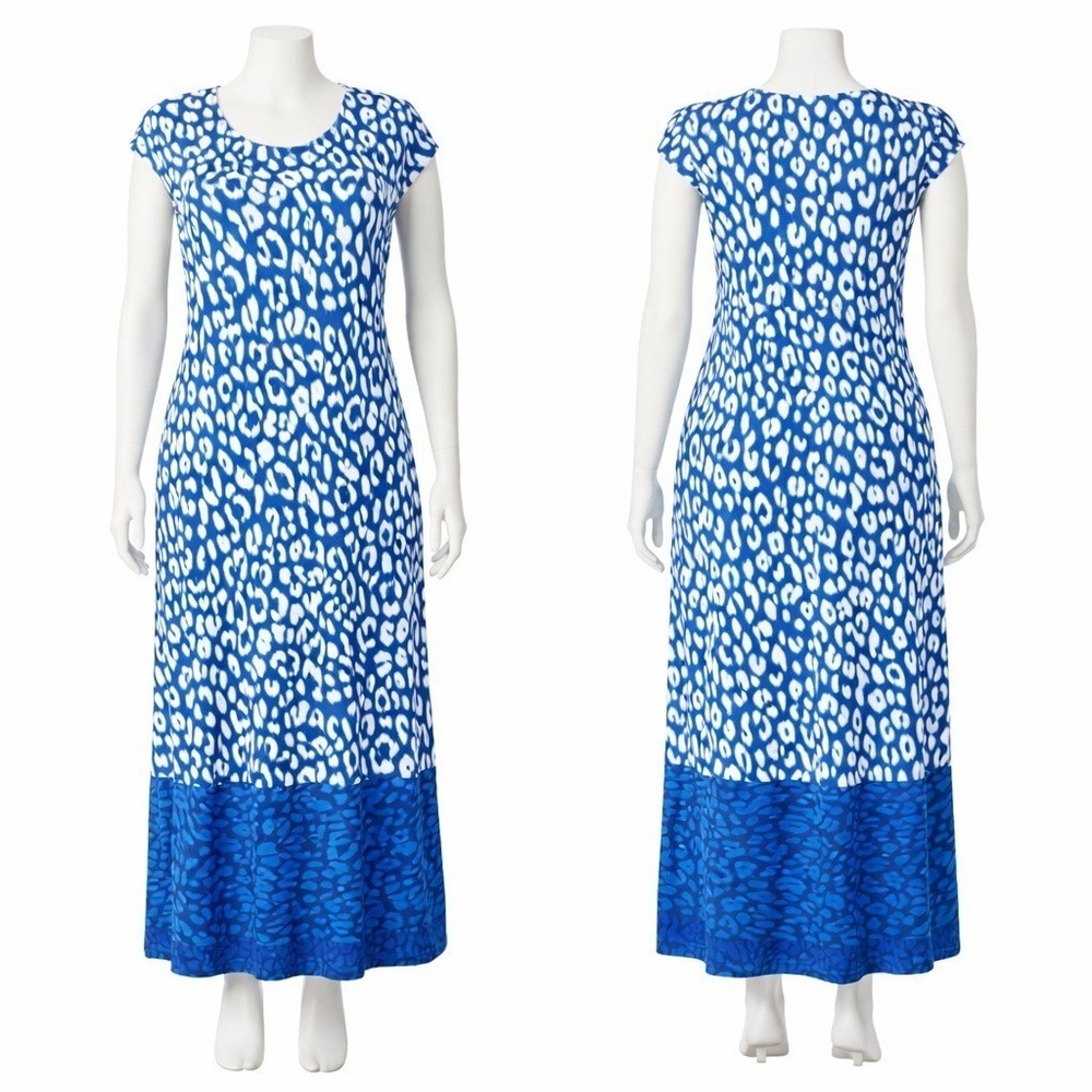 Denim & Co Petite Slub Jersey Knit Maxi Dress Blue Mixed Print XXSP